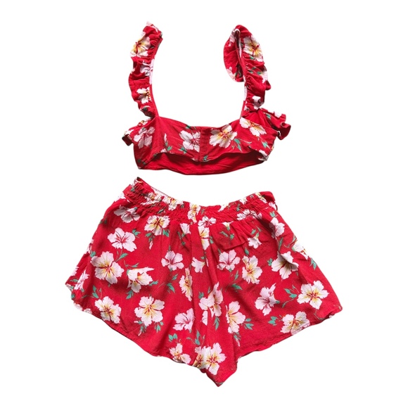 Majorelle Red Fruit Punch Ruffled Floral Crop Top Shorts Set Womens XXS - Picture 11 of 14